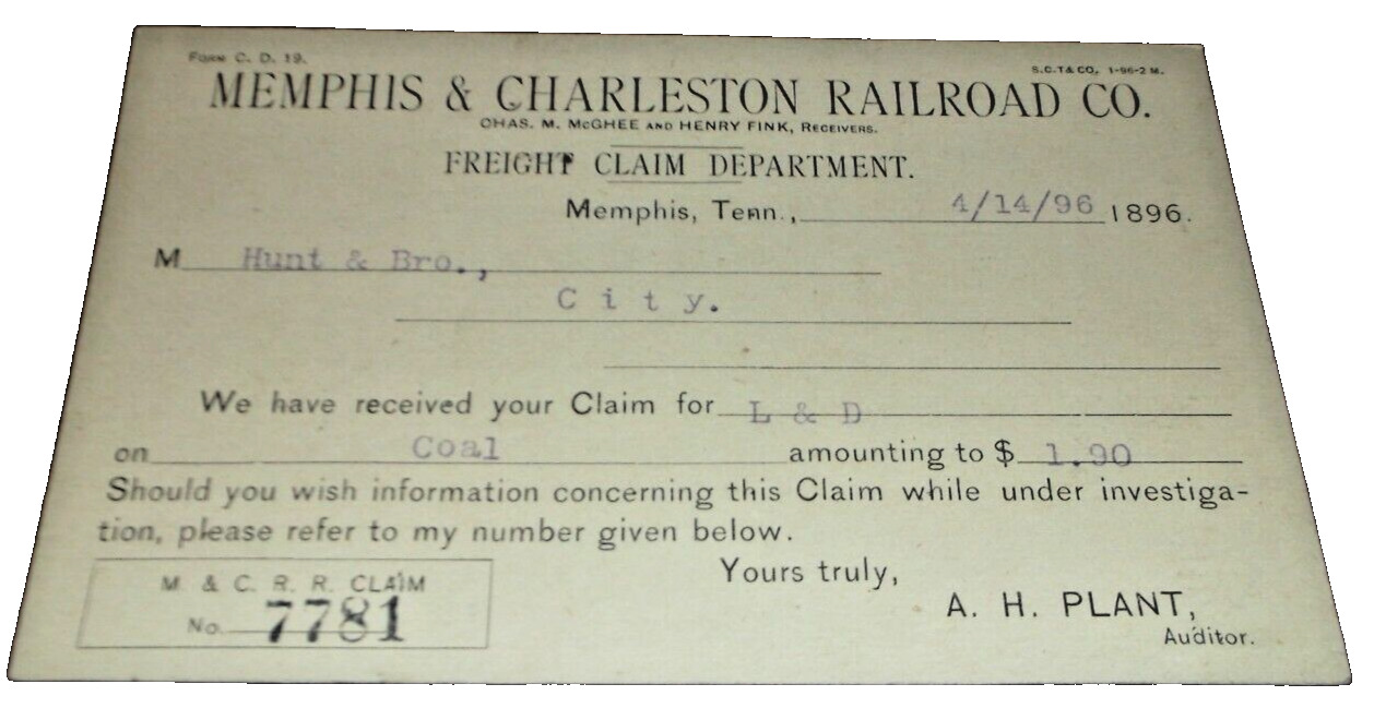 APRIL 1896 MEMPHIS & CHARLESTON ETV&G FREIGHT CLAIM POST CARD SOUTHERN RAILWAY