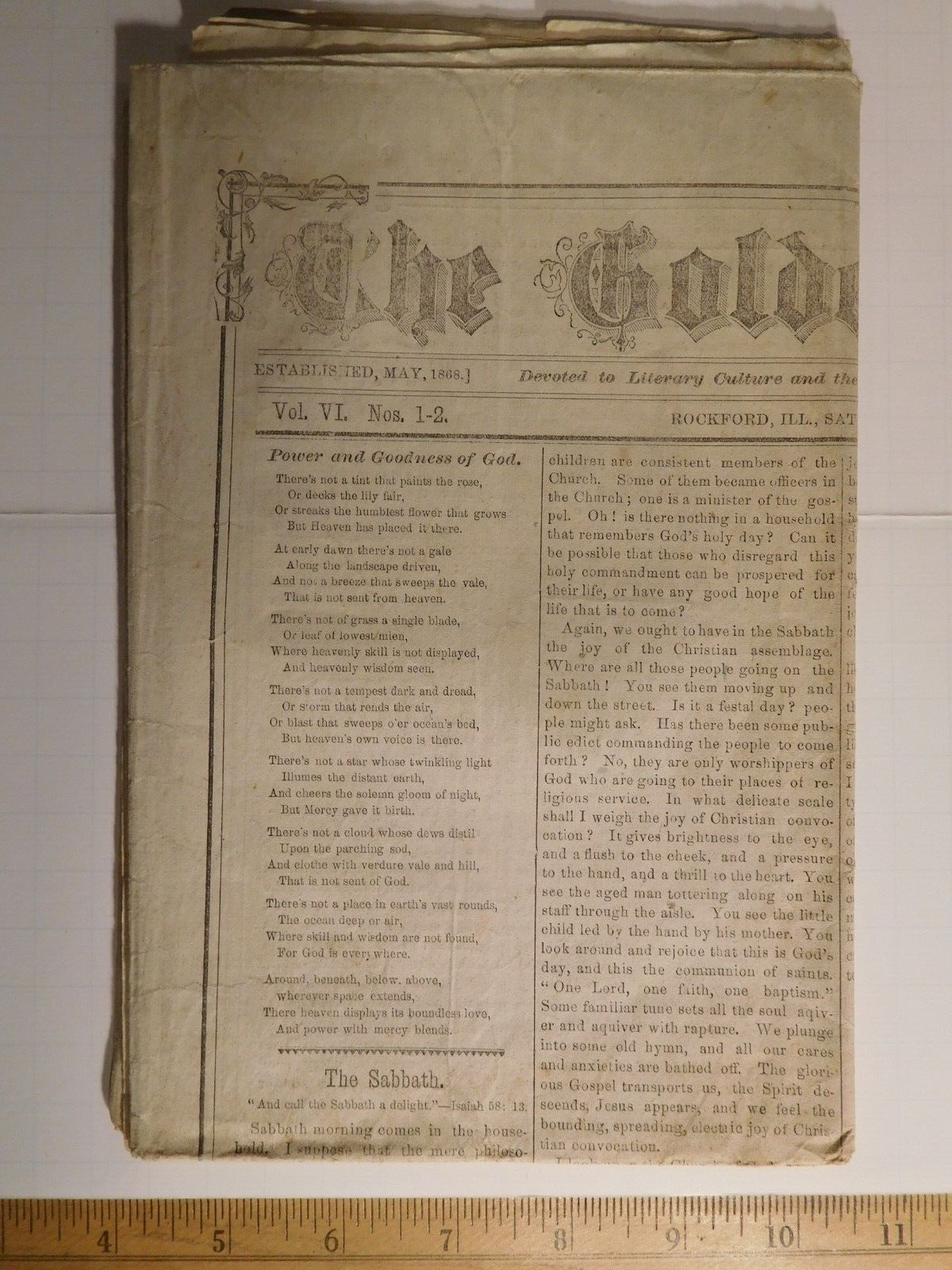 Amazing Rockford, Illinois Antique May 10, 1873 Newspaper The Golden Censer