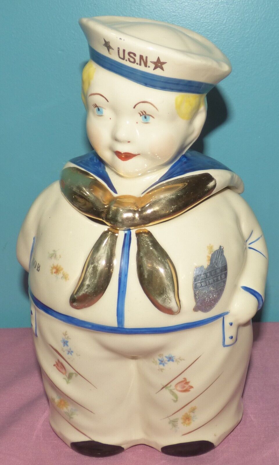 1940'S Shawnee Pottery USN Sailor GOB Cookie Jar Gold Trim