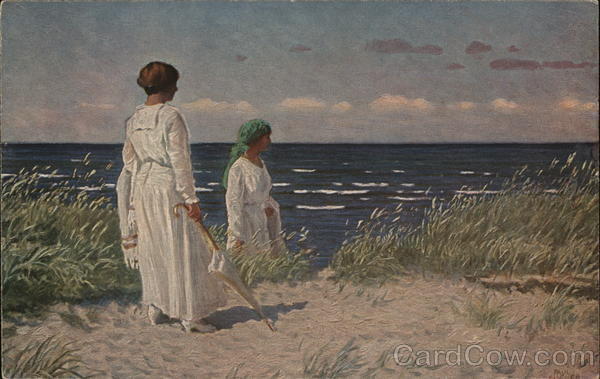 Art Two Women in White Walking Near Sea Shore Paul Fischer Arthur Schurer