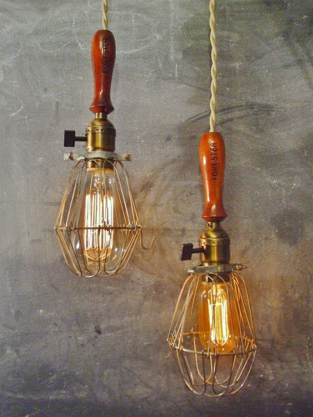 DOUBLE TROUBLE Set of 2 Vintage Industrial Trouble Lights - Bulb Cage Lamp 