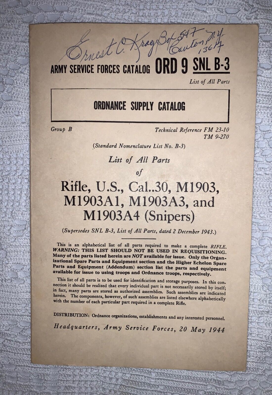 Reprint 1944 Army Service Force ORD 9 SNL B-3 Rifle M1903 SNIPER Mainten Manual