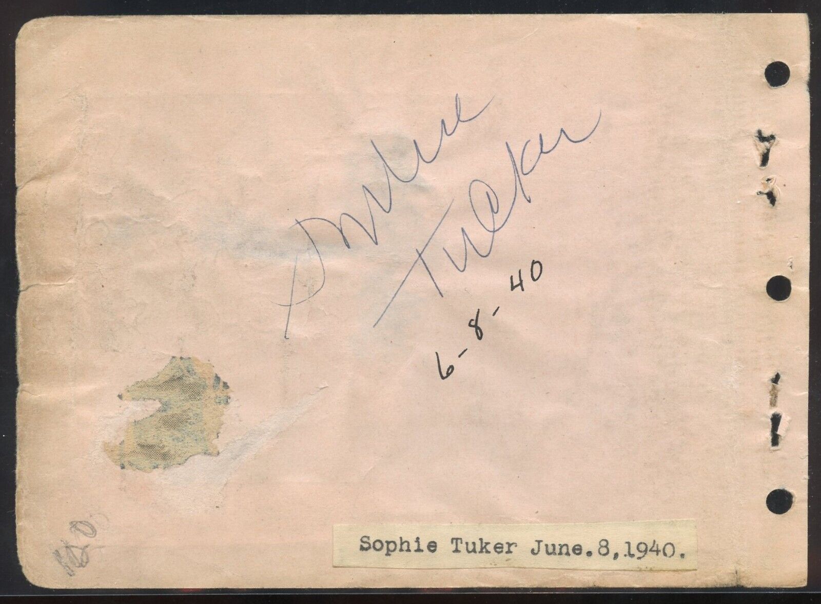 Sophie Tucker d1966 signed autograph 4x6 Album Page American Actress & Singer