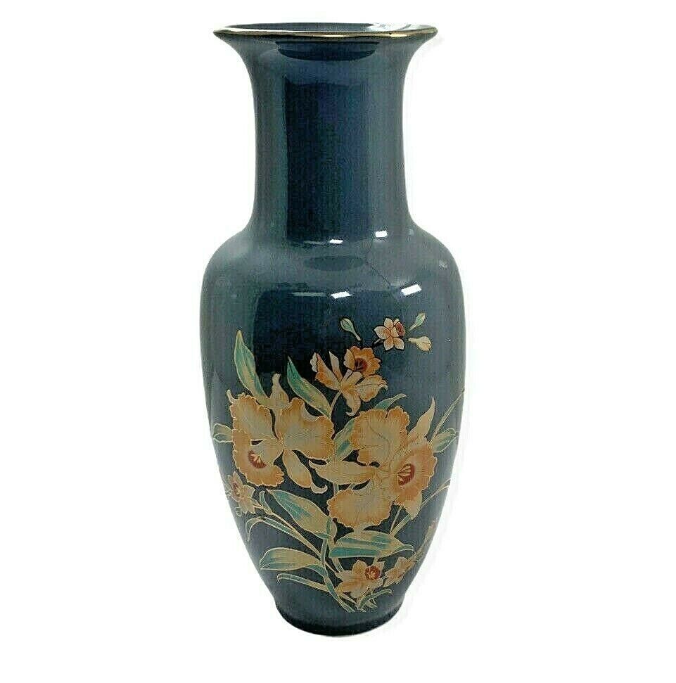 Vintage Seizan Gama Japanese kiln vase gray floral 10 1/2 inches tall EUC