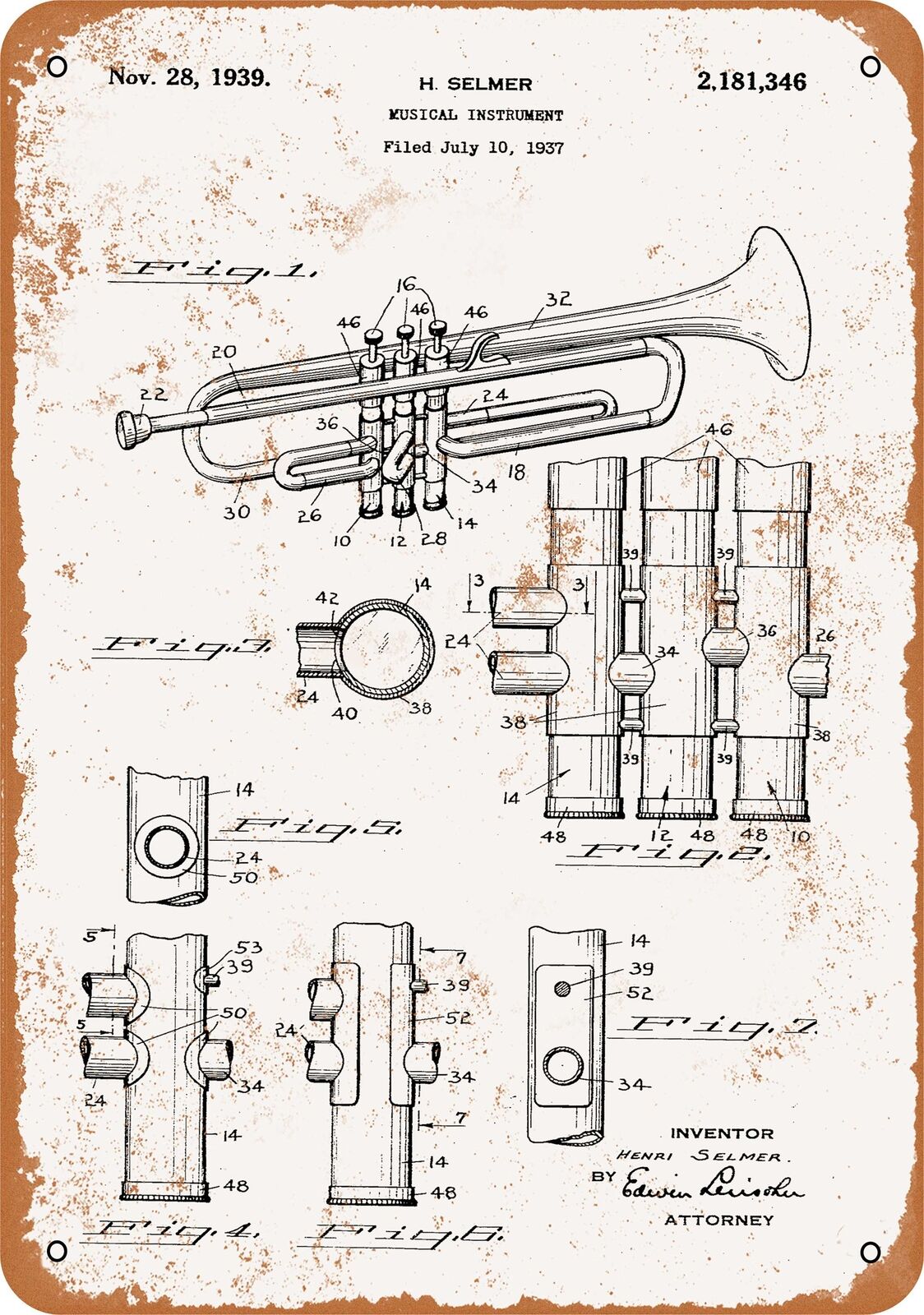 Metal Sign - 1939 Selmer Trumpet Patent -- Vintage Look