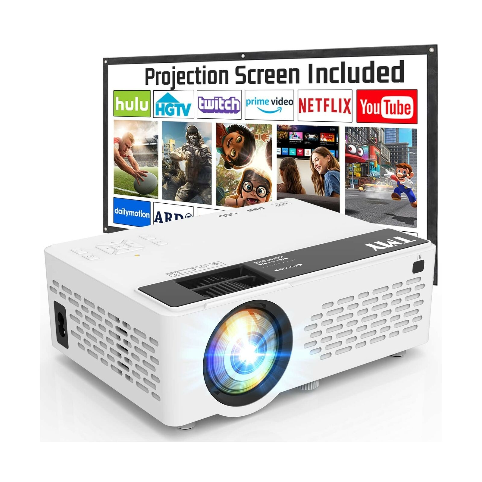 TMY Projector 7500 Lumens with 100 Inch Projector Screen, 1080P Full HD Suppo...