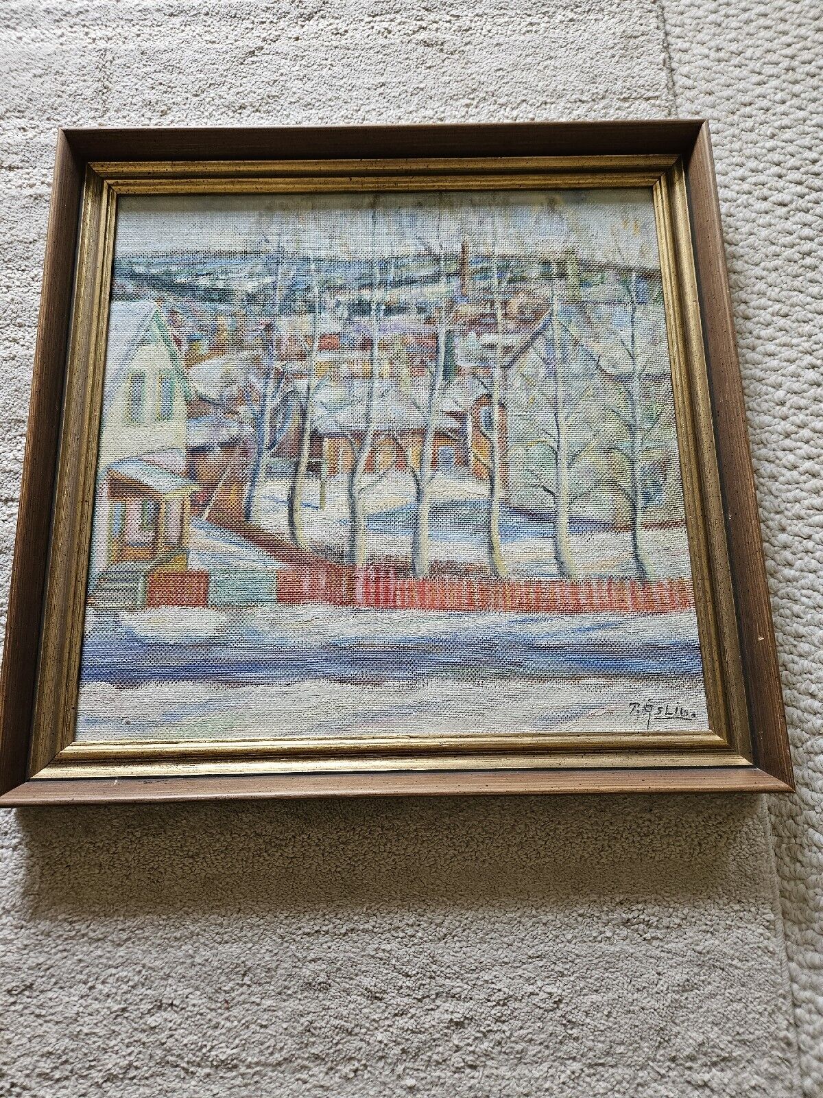 1930's Winter Town Impressionist  Scene Trees Road Mountains Varios Color Homes