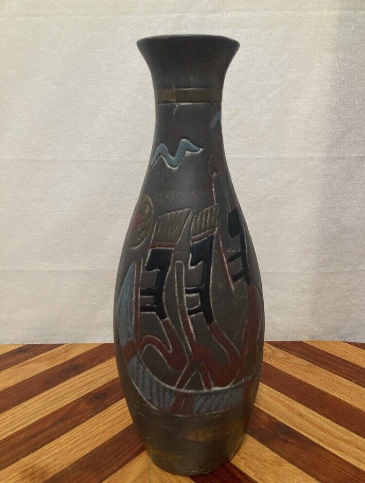 Vintage Ancient African Tribes On Boat Art Pottery Vase Pot 14” Handmade Painted