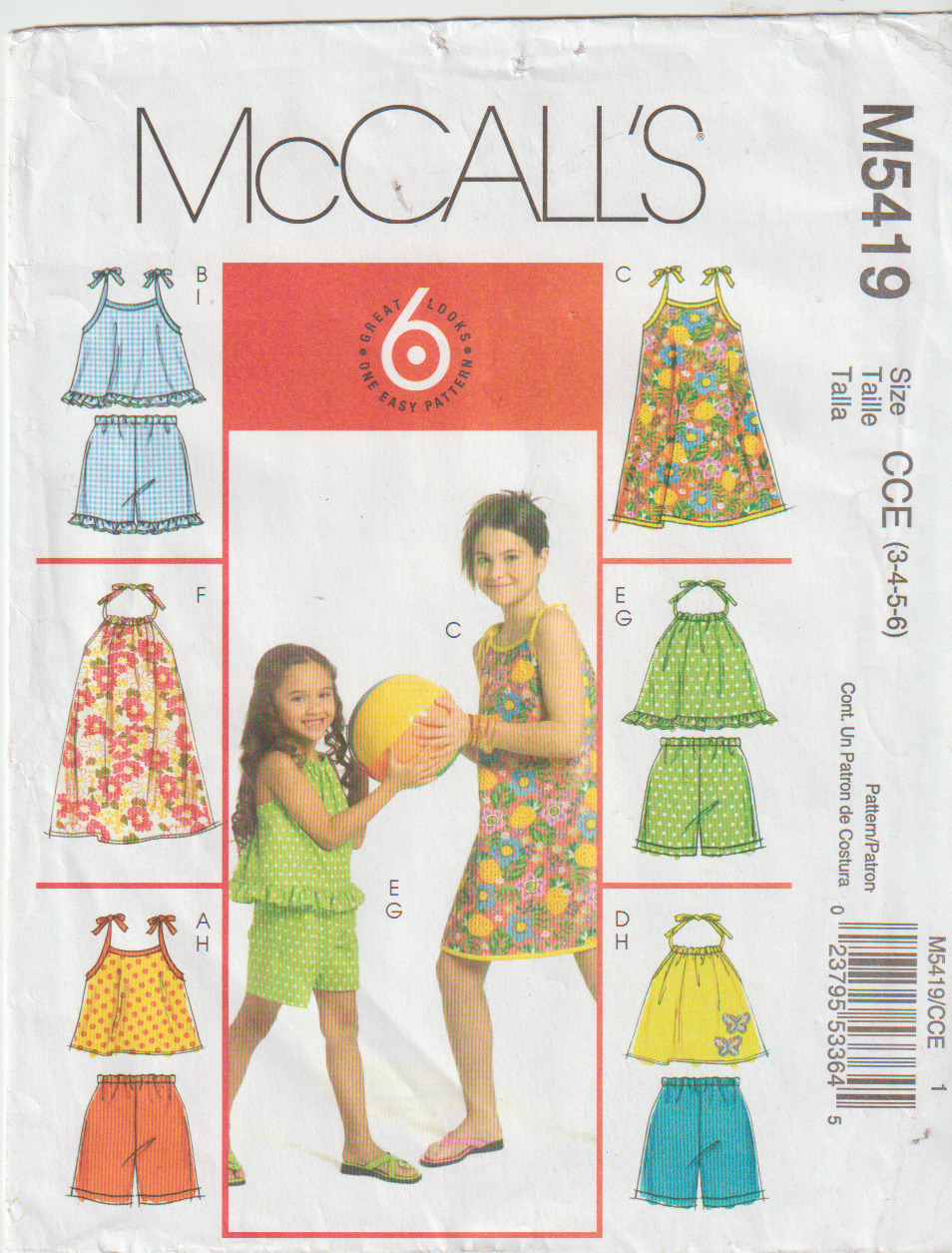 McCall\'s Sewing Pattern M5419 Child\'s Halter Top, Dress, Shorts, Sizes 3-6, FF