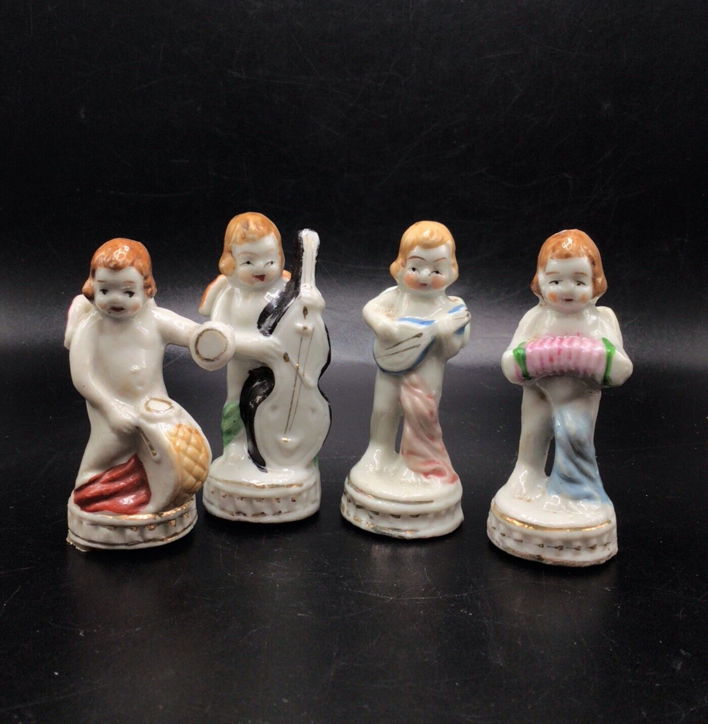 SET 4 Vintage Porcelain Musical Cherub angel gilt accents Figurines Japan