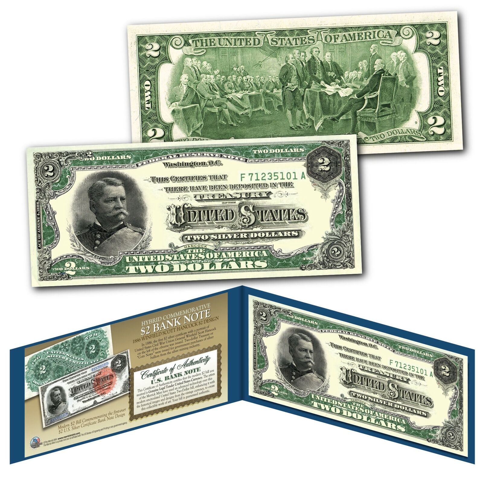 1886 Winfield Scott HANCOCK Civil War Treasury Two-Dollar Banknote on UNC New $2