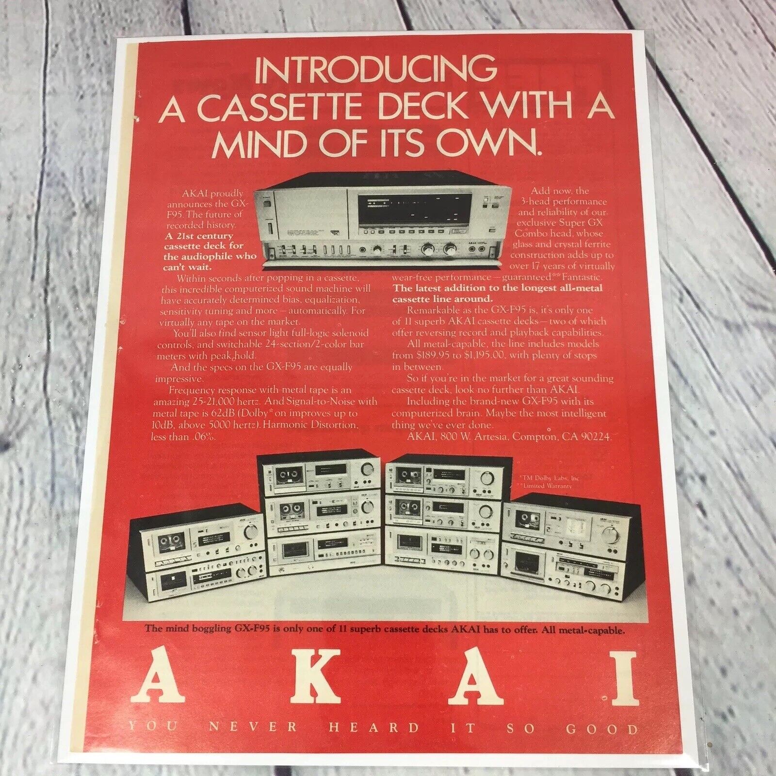 Vintage 80s AKAI Cassette Deck Print Ad Genuine Magazine Advertisement Ephemera