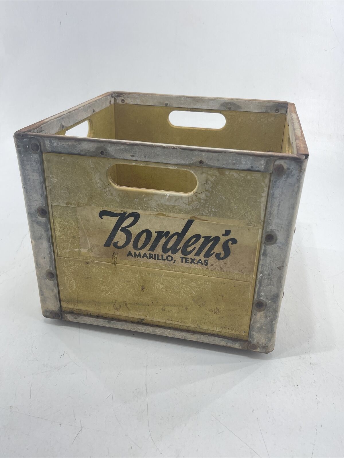 Vintage Borden’s Dairy Crate Milk Amarillo Texas Fiberglass Galvanized Metal