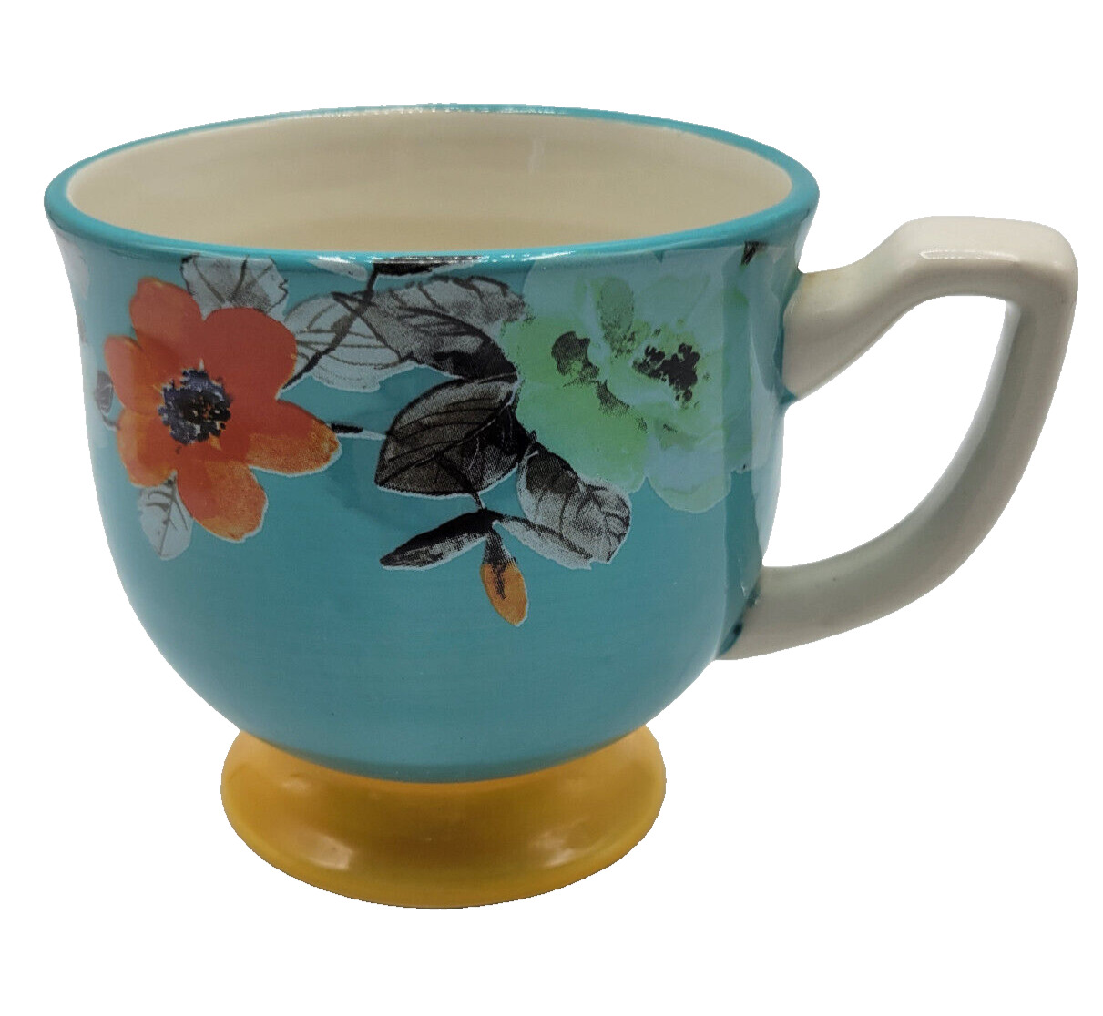 Vtg Pioneer Woman Floral Yellow Footed Stoneware Coffee Mug Tea Cup Turquoise