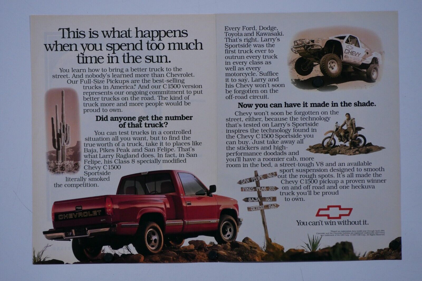 1991 Chevrolet C 1500 Pickup Truck Vintage Original 2 Page Print Ad 8 x 11\