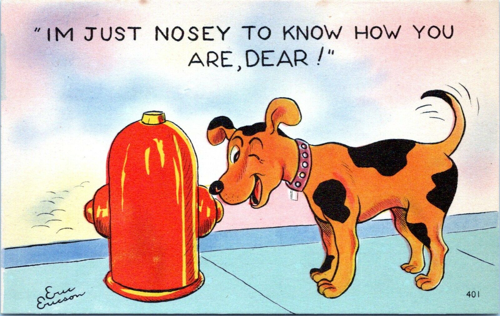 Comic Postcard Eric Ericson Artist Signed Dog Fire Hydrant Nosy Linen 1940s JP
