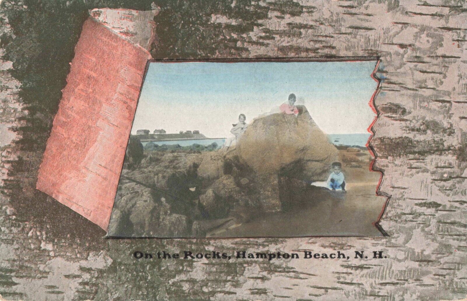 Hampton Beach NH New Hampshire, Kids Playing On the Rocks, Vintage Postcard