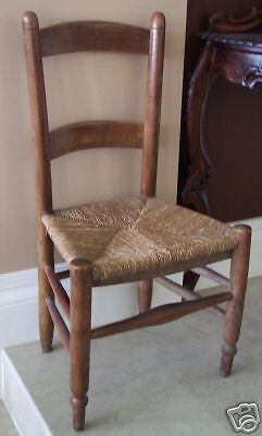 Primitive Real Antique Ladder Back Childs Chair Rush Seat French Country Vintage