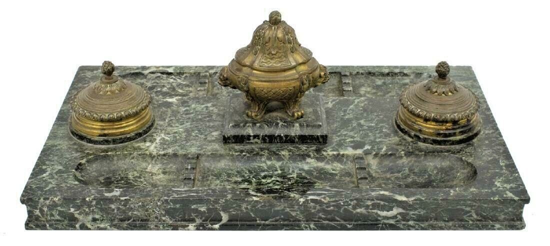 Antique Tray,  Inkstand Desk Tray, French Green Marble Double, 1800s, Gorgeous
