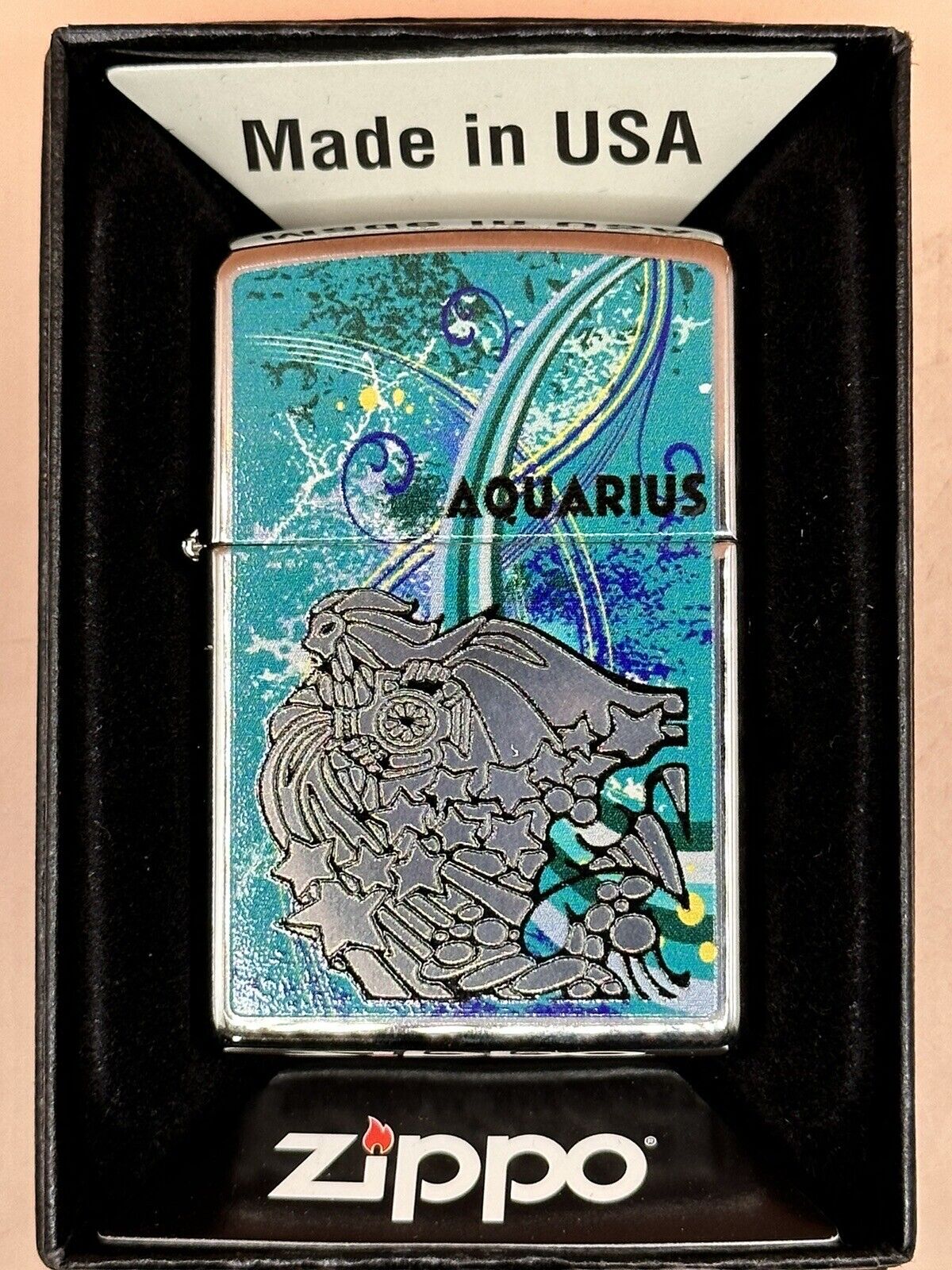 Vintage 2012 Aquarius Zodiac Sign High Polish Chrome Zippo Lighter