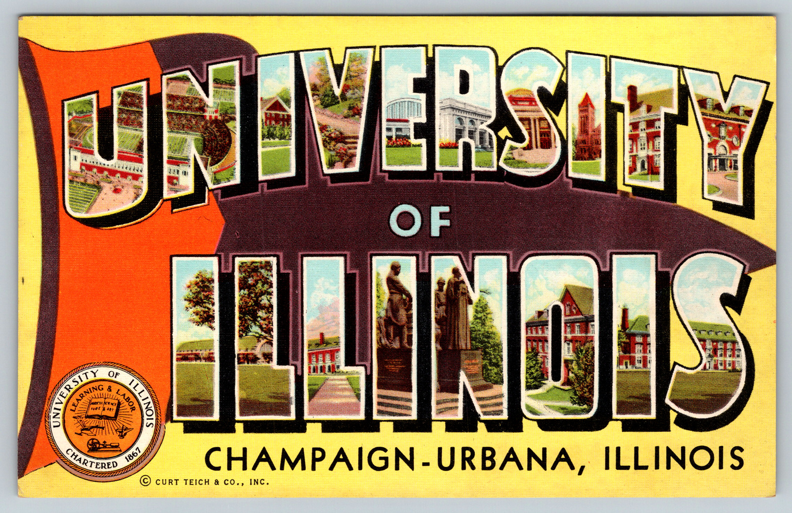 c1960s University of Illinois Big Letter Large LL Vintage Postcard