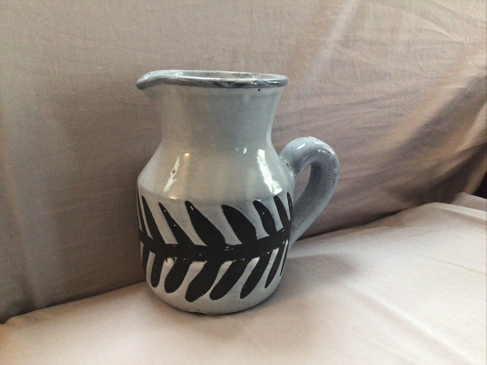 Early Roger Capron, Vallauris, Art Pottery Pitcher Leaves Decorated