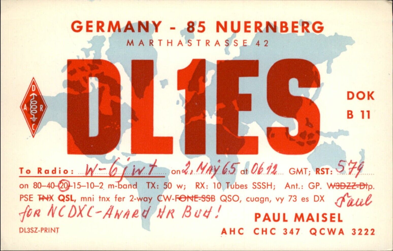 QSL radio card DL1ES 1965 Nuremberg Bavaria Germany Paul Maisel World Map DARC