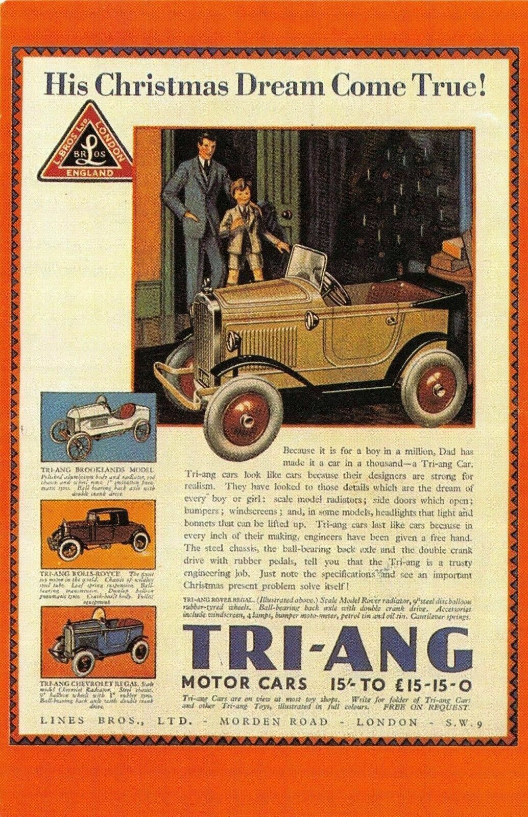 Nostalgia Postcard 1930 Magazine advert for Tri-Ang Motor cars, Repro Card NS10