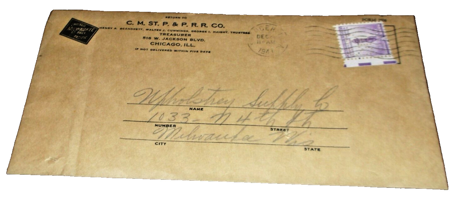 DECEMBER 1941 MILWAUKEE ROAD C.O.D. GOODS SHIPPED USED ENVELOPE SPENCER IOWA