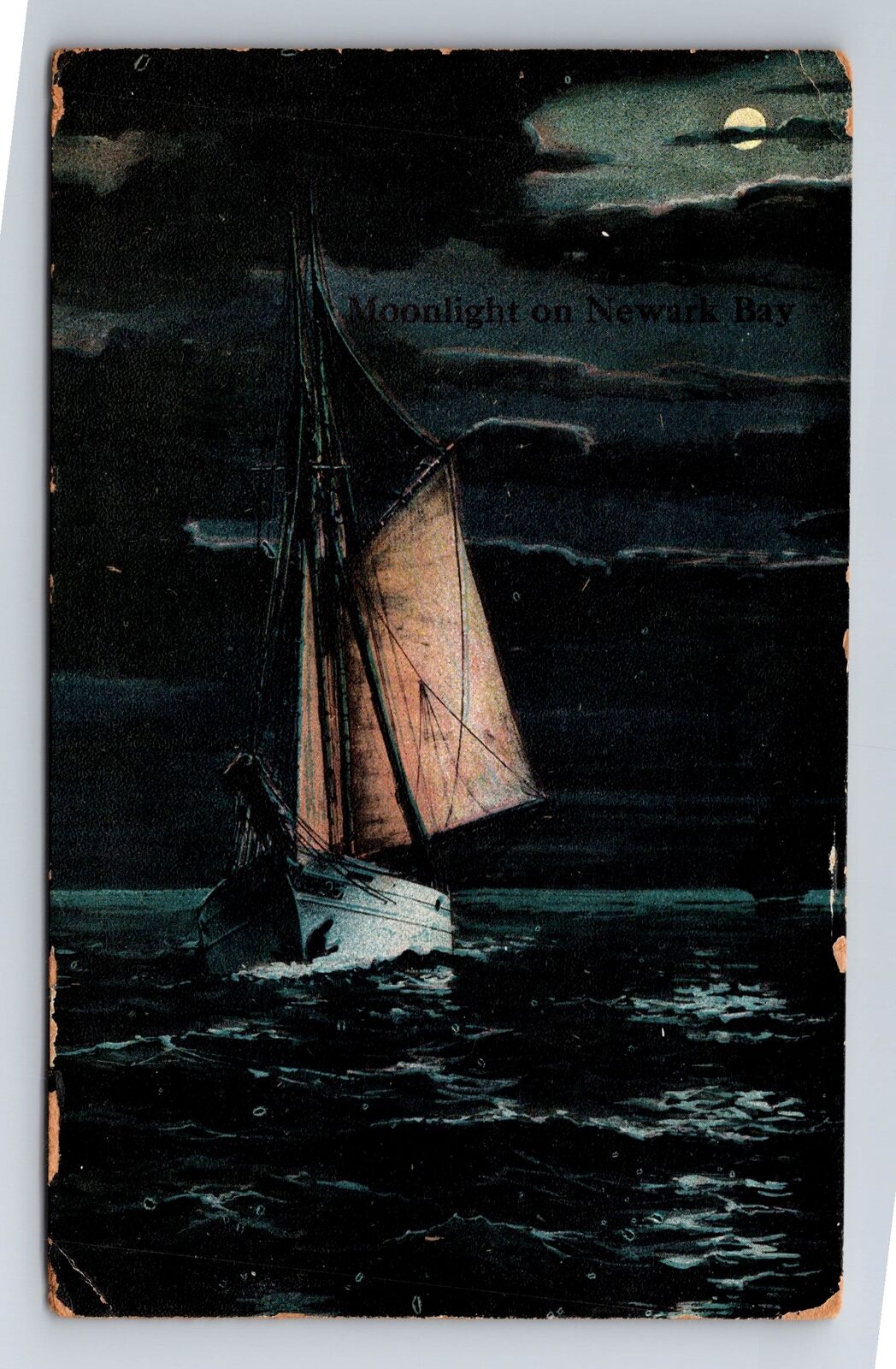 Newark Bay NJ-New Jersey, Moonlight Canoe, Antique, Vintage c1910 Postcard
