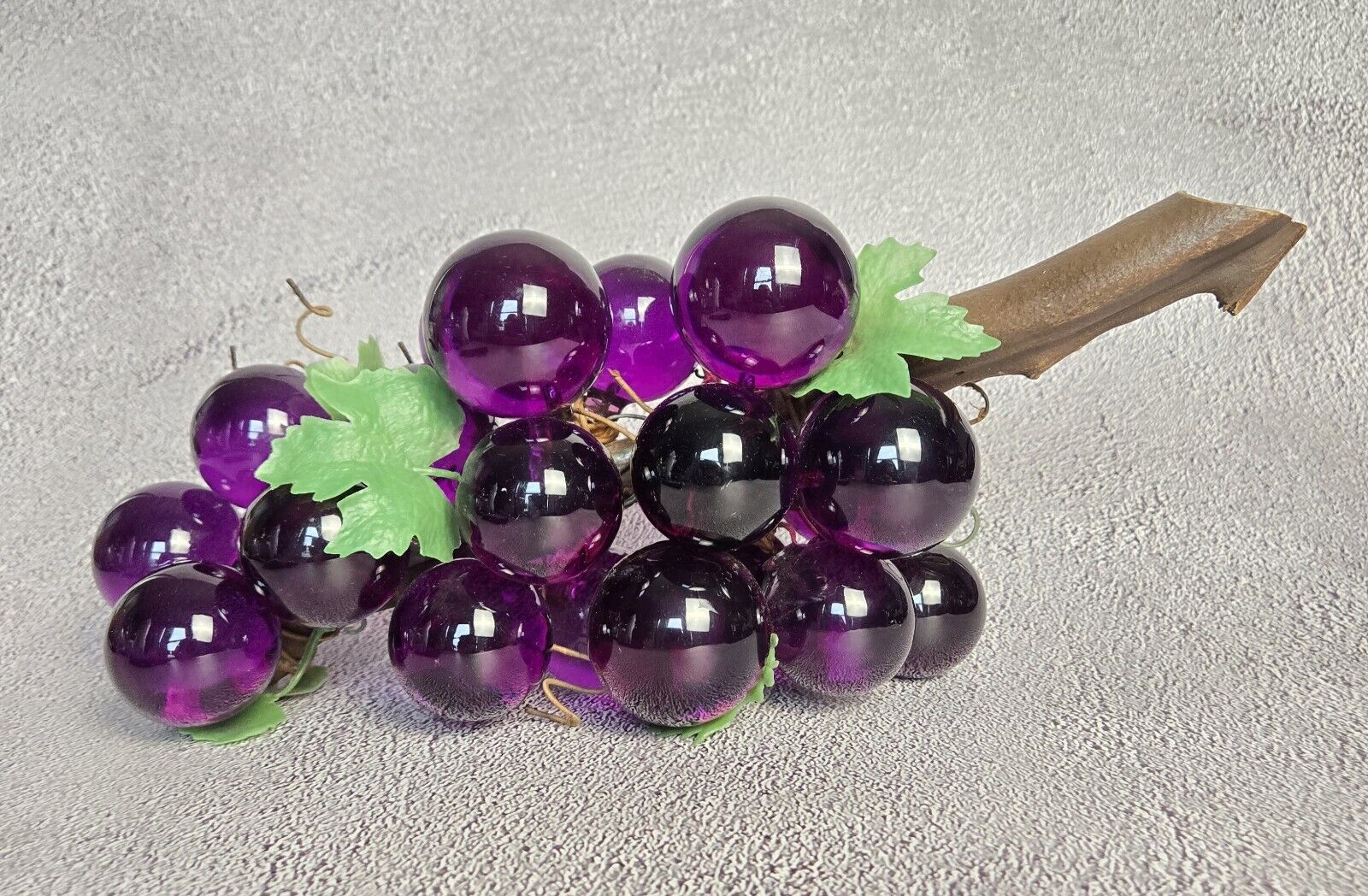 Large Lucite Grapes Cluster Royal Purple Wooden Stem Vintage 1960s 