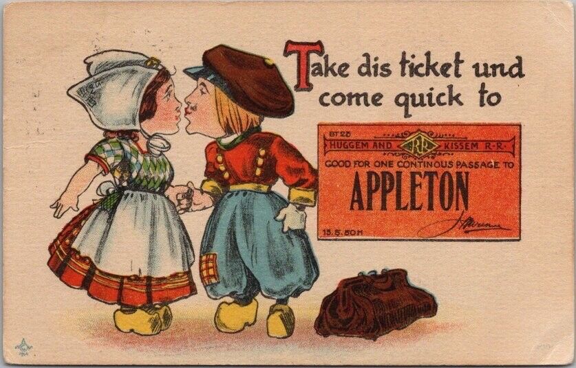 Vintage APPLETON Minnesota Greetings Postcard Dutch Boy& Girl / Kiss 1914 Cancel