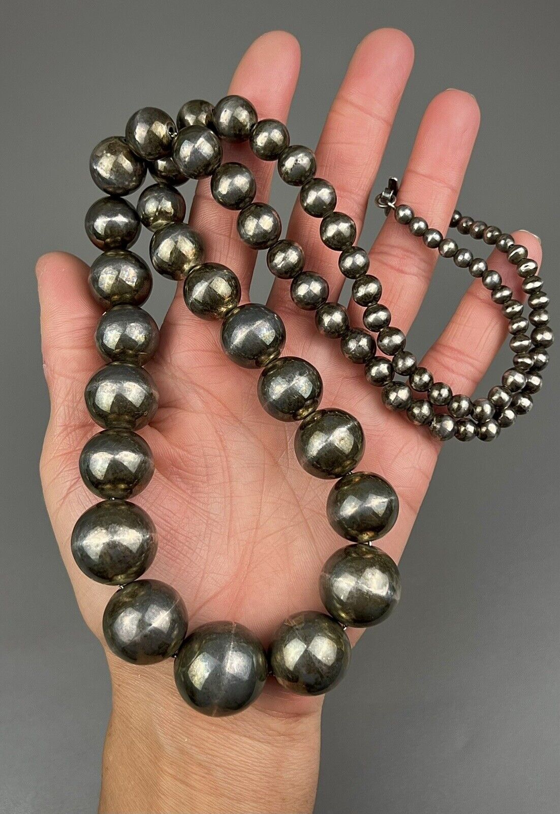 Vintage Navajo 31” Strand Sterling Silver HUGE Graduating Pearl Necklace WOW🤯