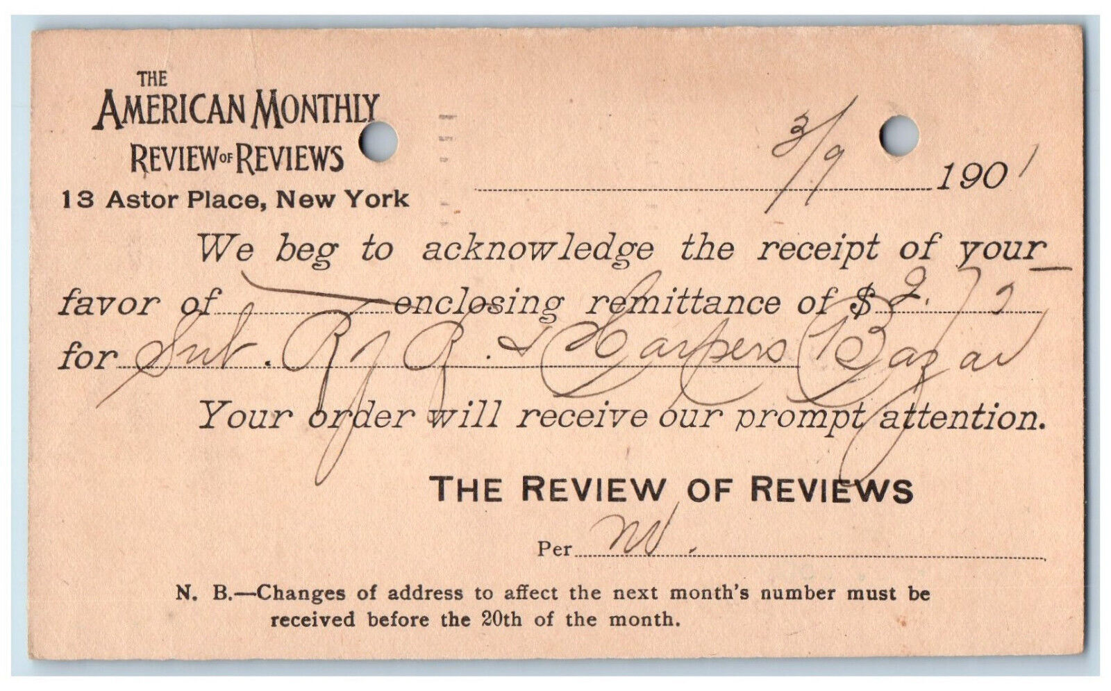 1901 The American Monthly Review of Reviews New York Frederick MD Postal Card