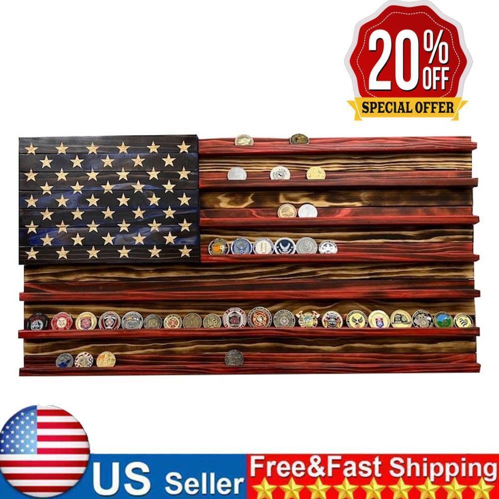 Vintage American Flag Solid Wood Wall Mounted Coin Display Holder Rack Challenge