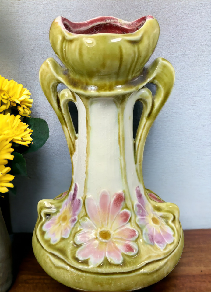 Studio Pottery Unique Bud Vase Green w Pink & Purple Flowers Vintage