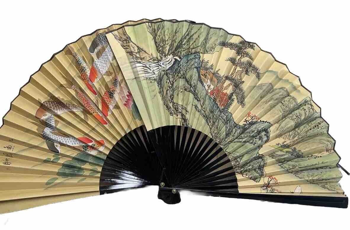 Japanese Hanging Wall Fans fabric VTG Lot Of 2 Decor Asian Heavy Cloth 20\'\'x34\