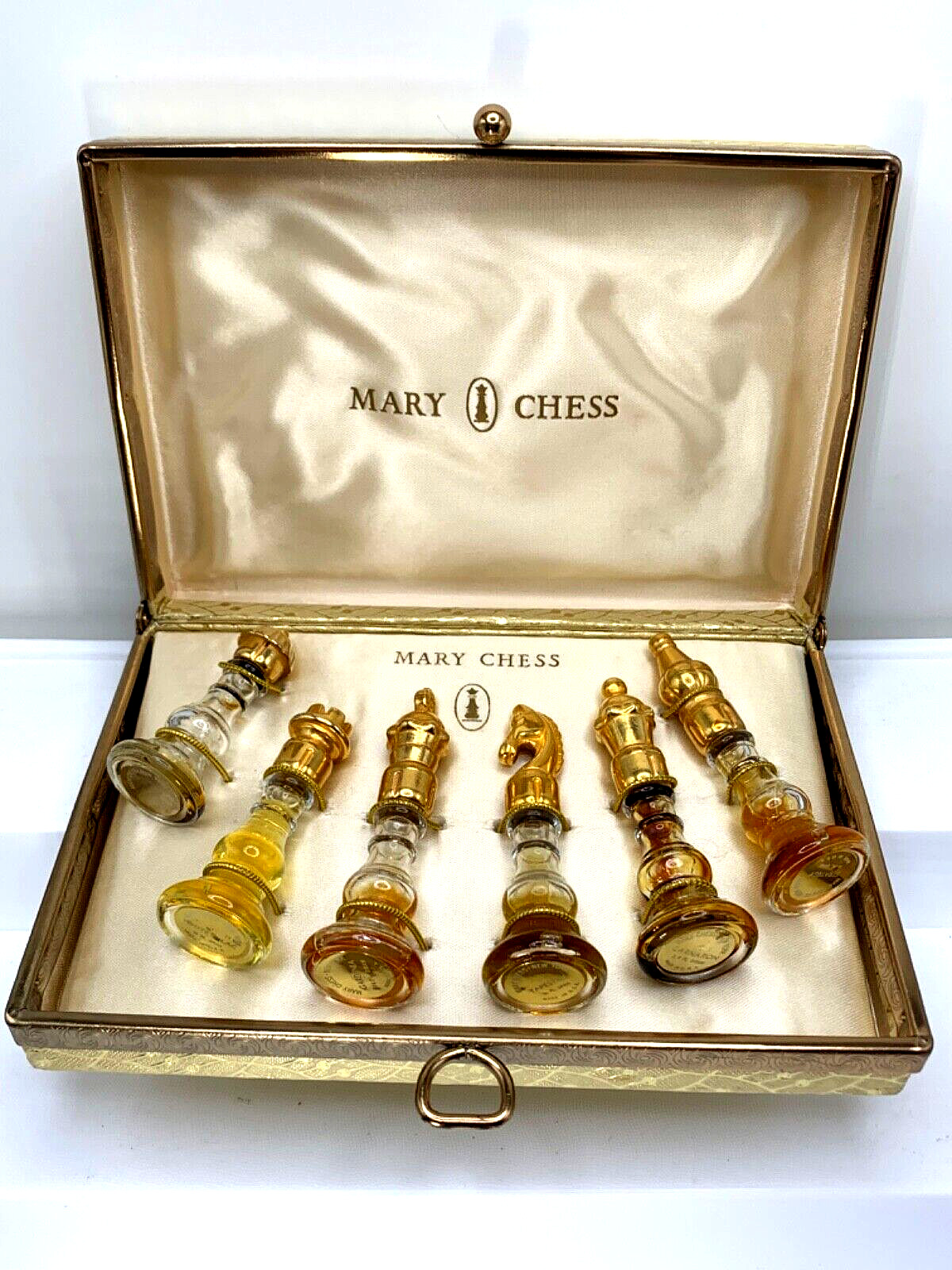 Deluxe VTG perfume bottle set/box. Six scents chess set, by Mary Chess.  1960s.