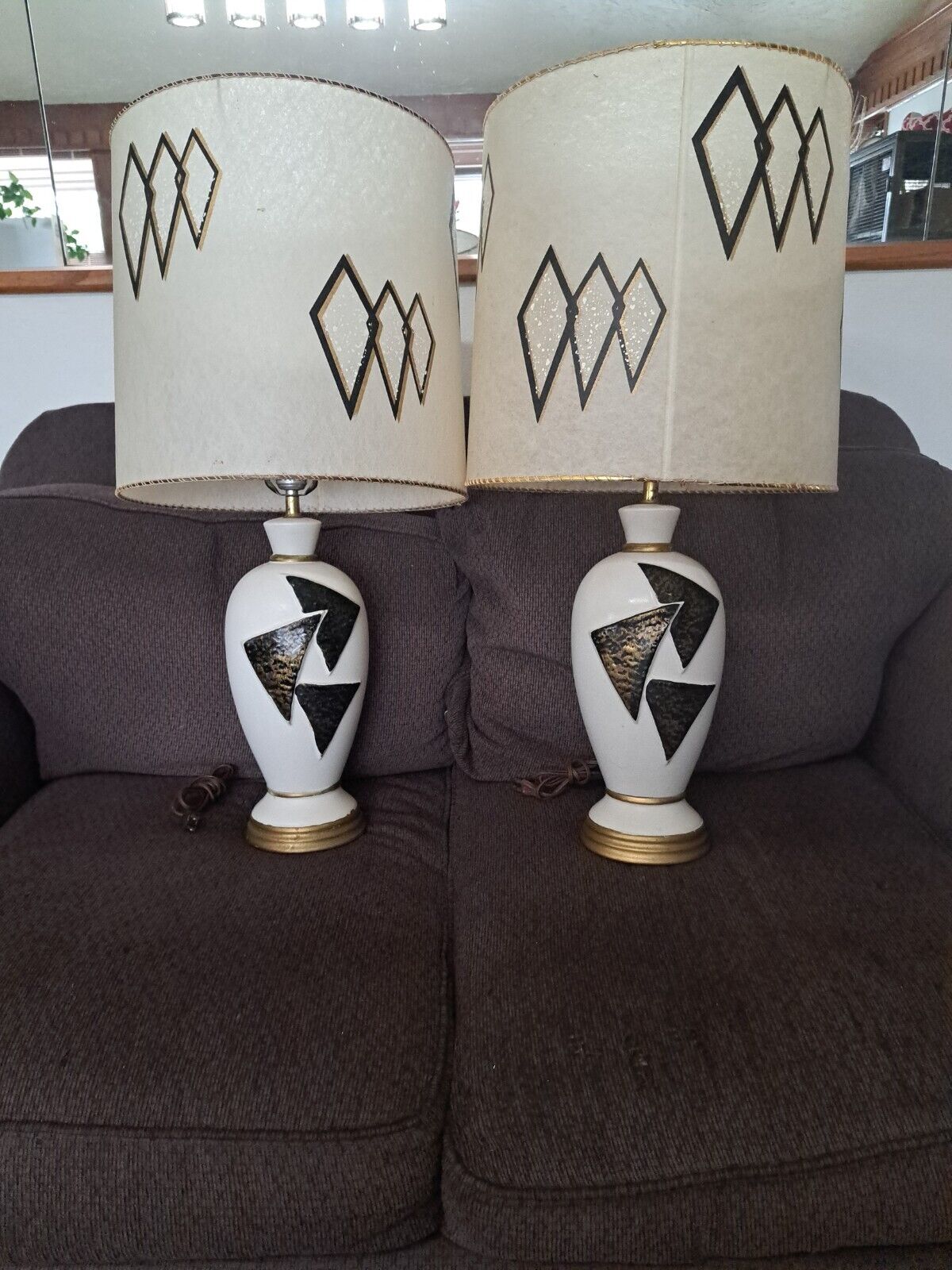 Pair Mid Century Modern Lamps Geometric Ceramic Fiberglass Shades (Some Repair)