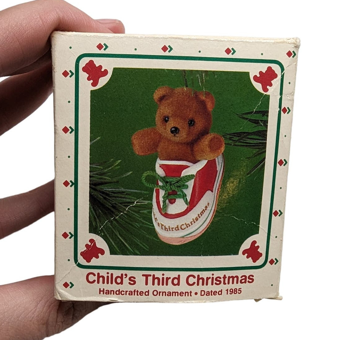 Vintage 1985 Hallmark Childs Third Christmas Ornament Teddy Bear Shoe