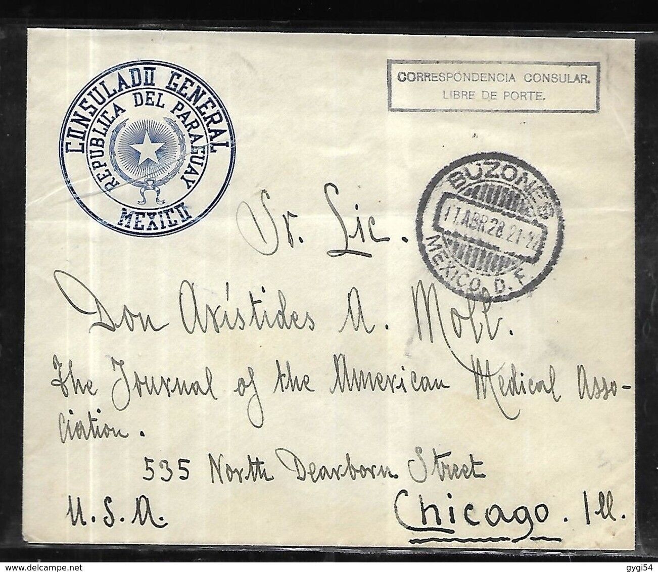 MEXICO Consular Letter from Mexico to Paraguay for Chicago April 11, 1928