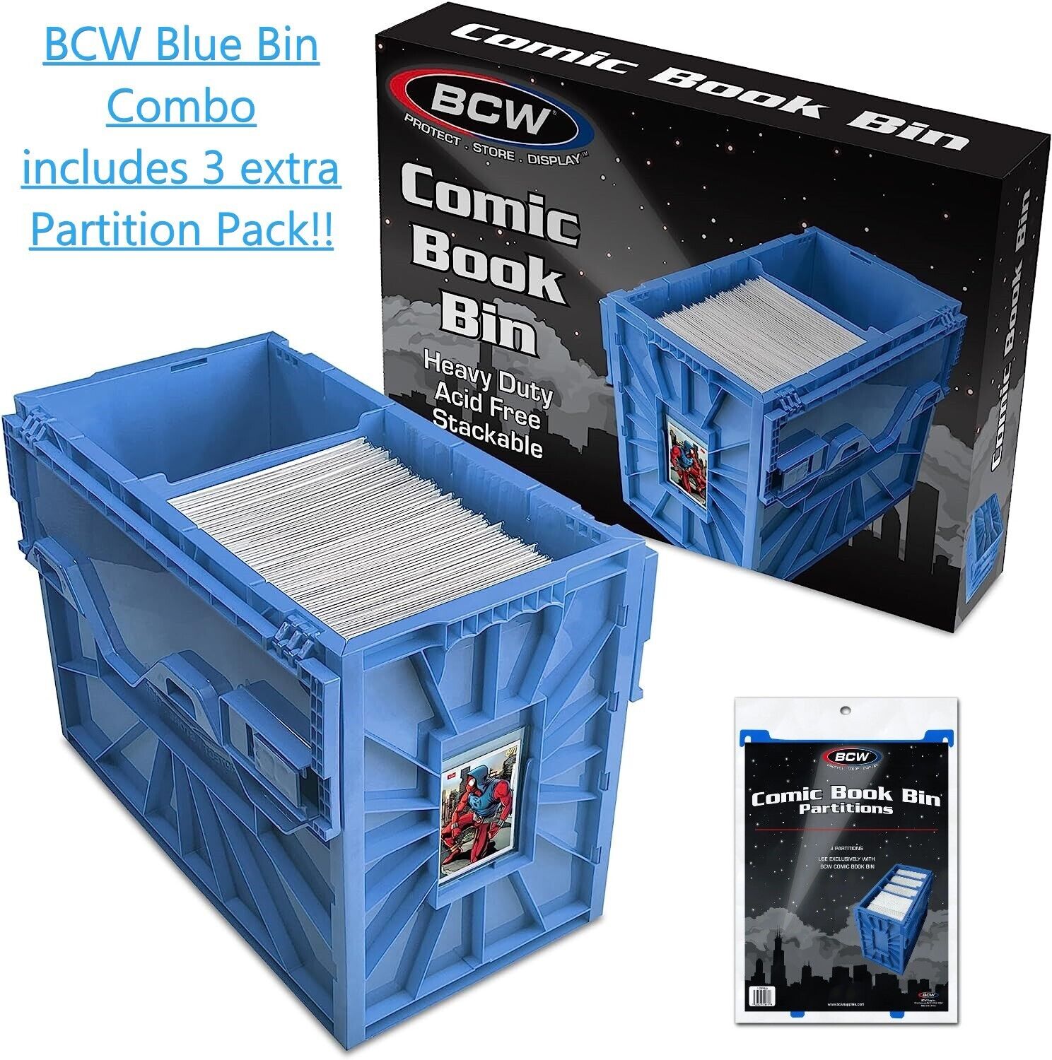 1 BCW Blue Short Comic Book Bin Heavy Duty Acid Free Plastic Box + 3 Partitions
