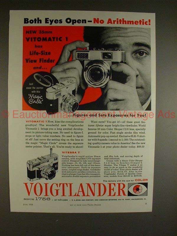 1958 Voigtlander Vitomatic & Vitessa T Camera Ad, NICE