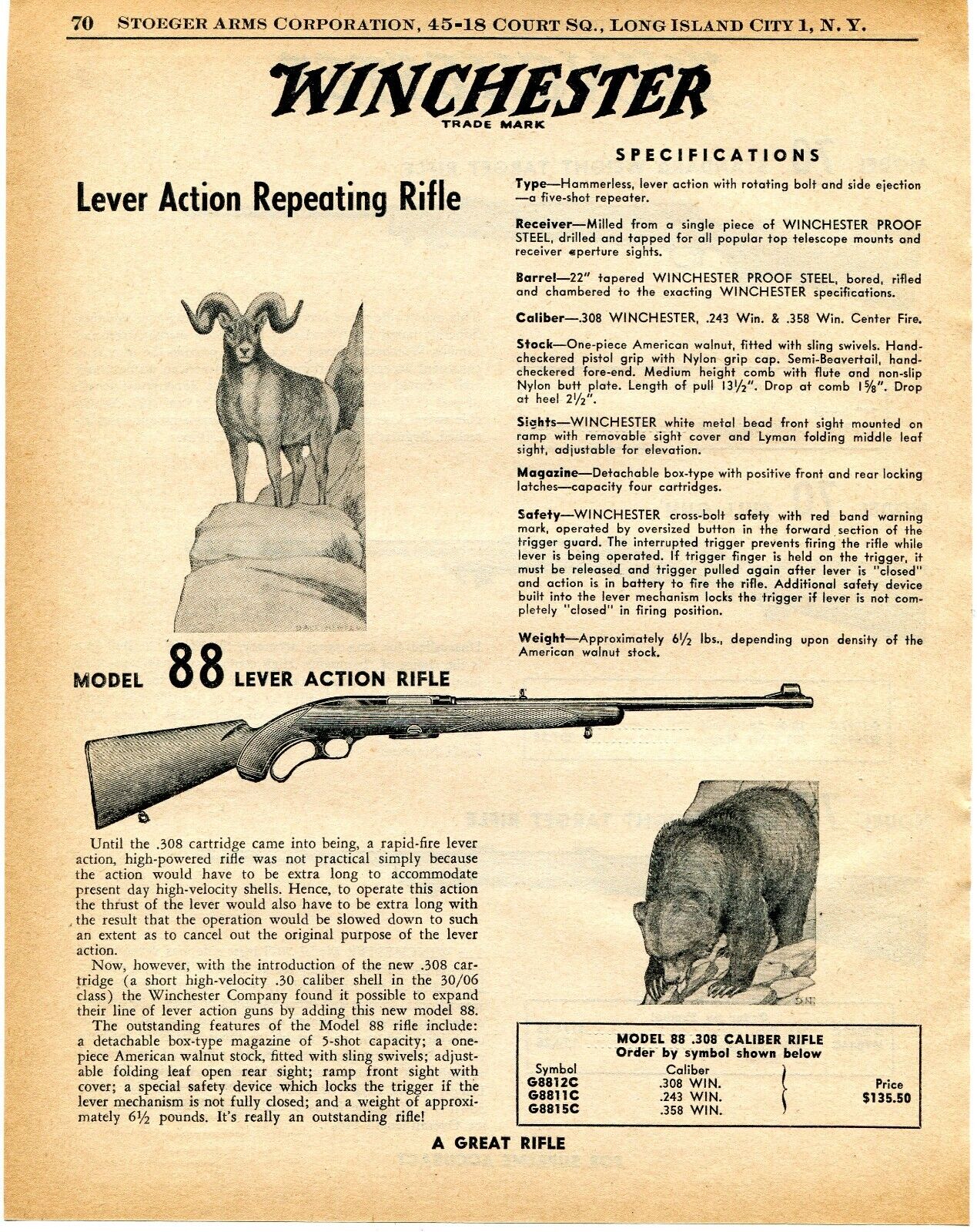1958 Print Ad of Winchester Model 88 Lever Action Rifle