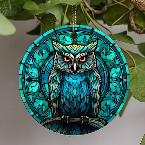 Owl Stained Glass, Great Horned Owl Stained Glass, Ceramic Ornament Gift