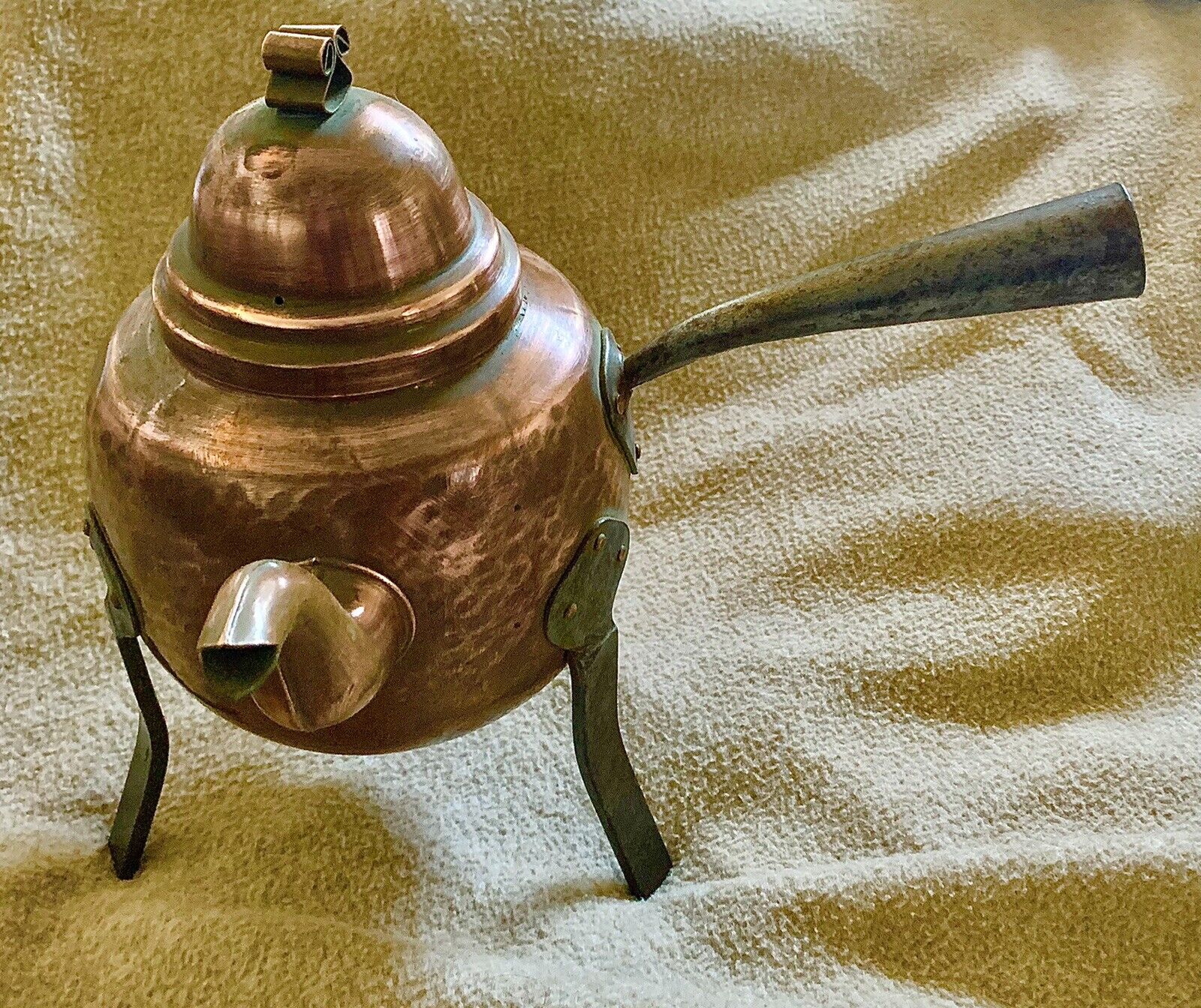 Antique European handmade copper and wrought iron coffee pot