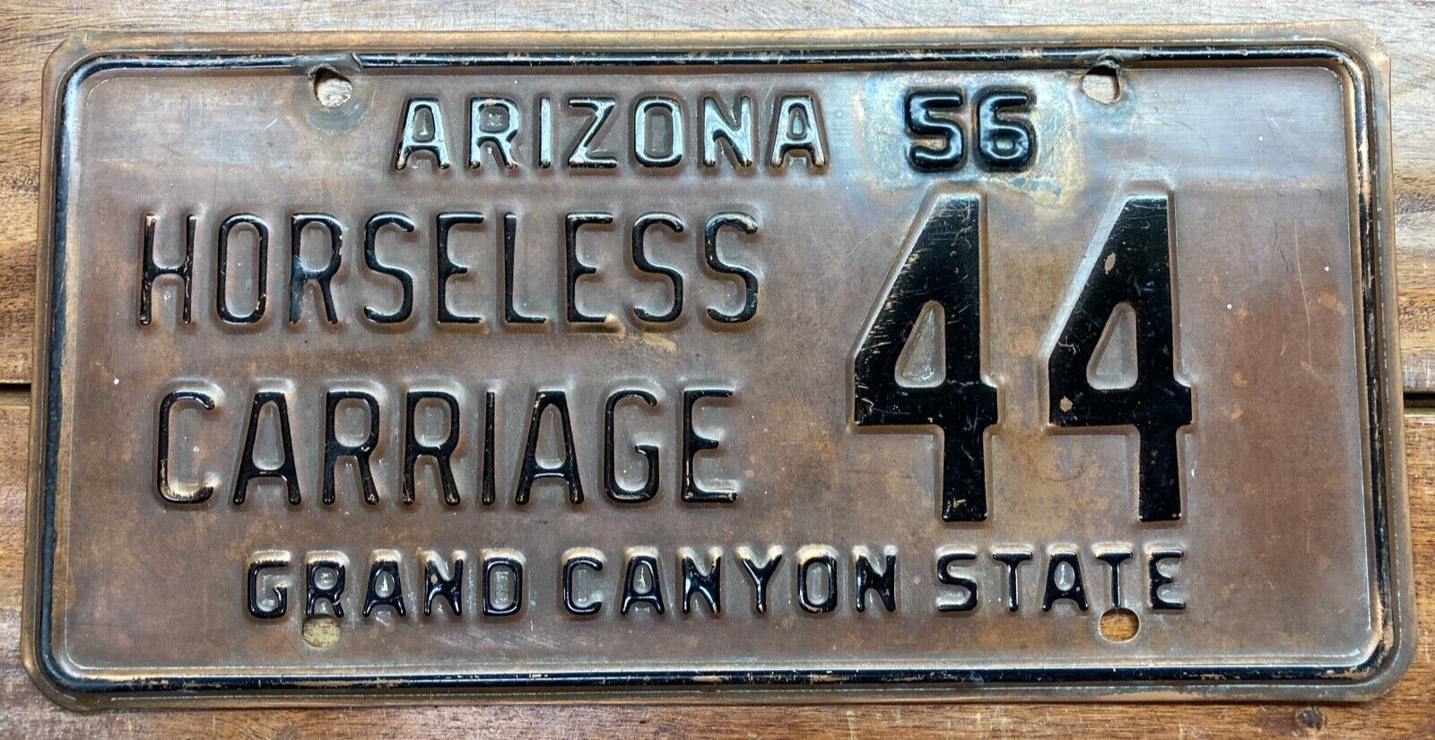 RARE 1956 ARIZONA FIRST YEAR HORSELESS CARRIAGE LICENSE PLATE #44, SOLID COPPER