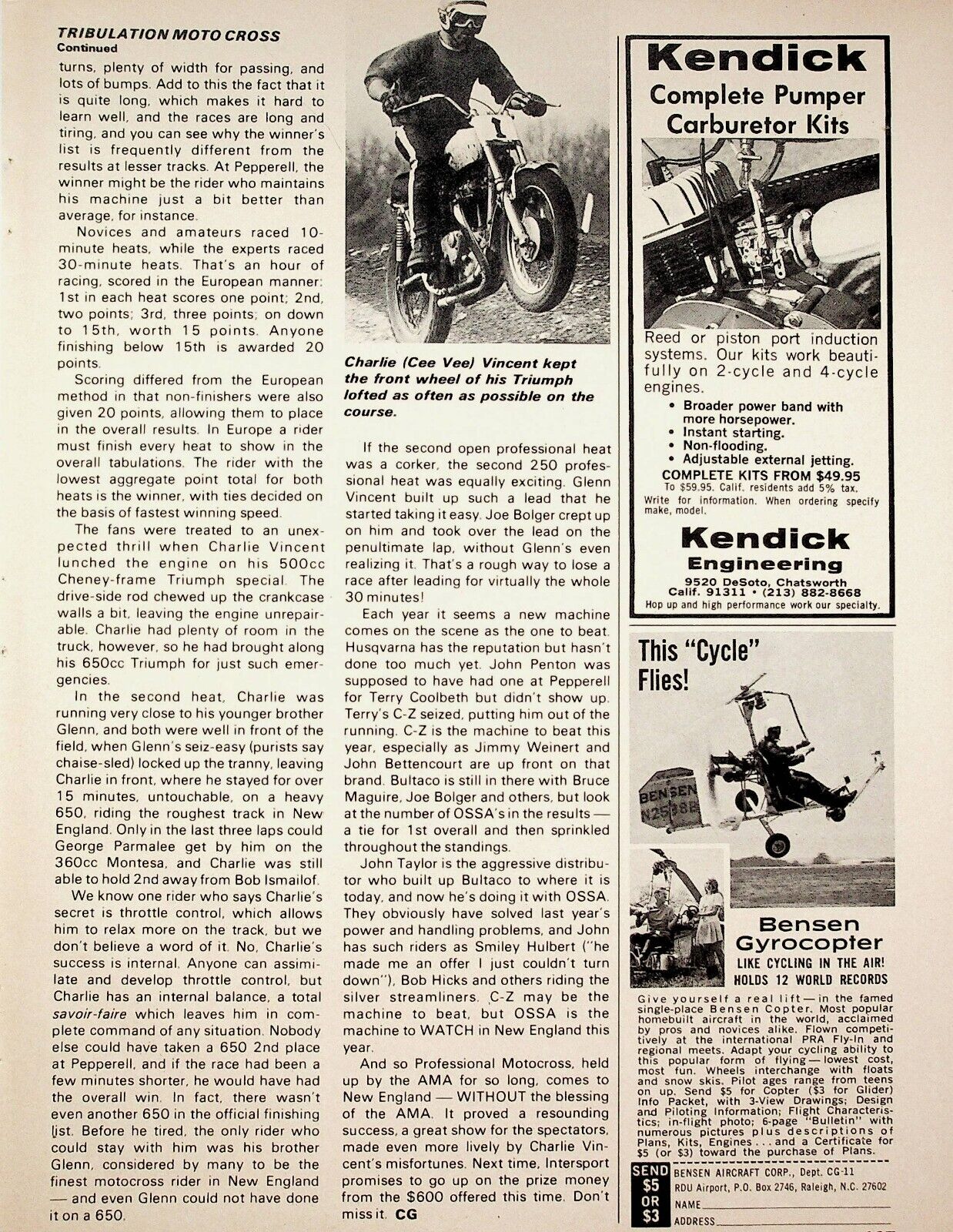 1971 Bensen Gyrocopter Flying Cycle Helicopter Aircraft - Vintage Motorcycle Ad