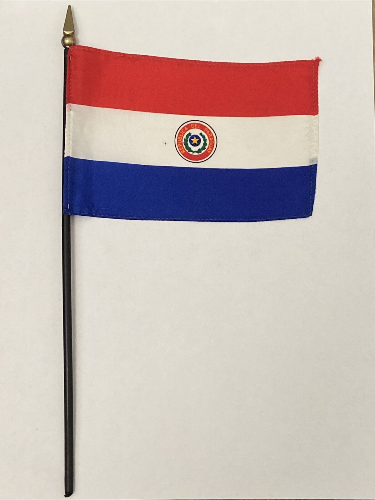 New Paraguay Mini Desk Flag - Black Wood Stick Gold Top 4” X 6”