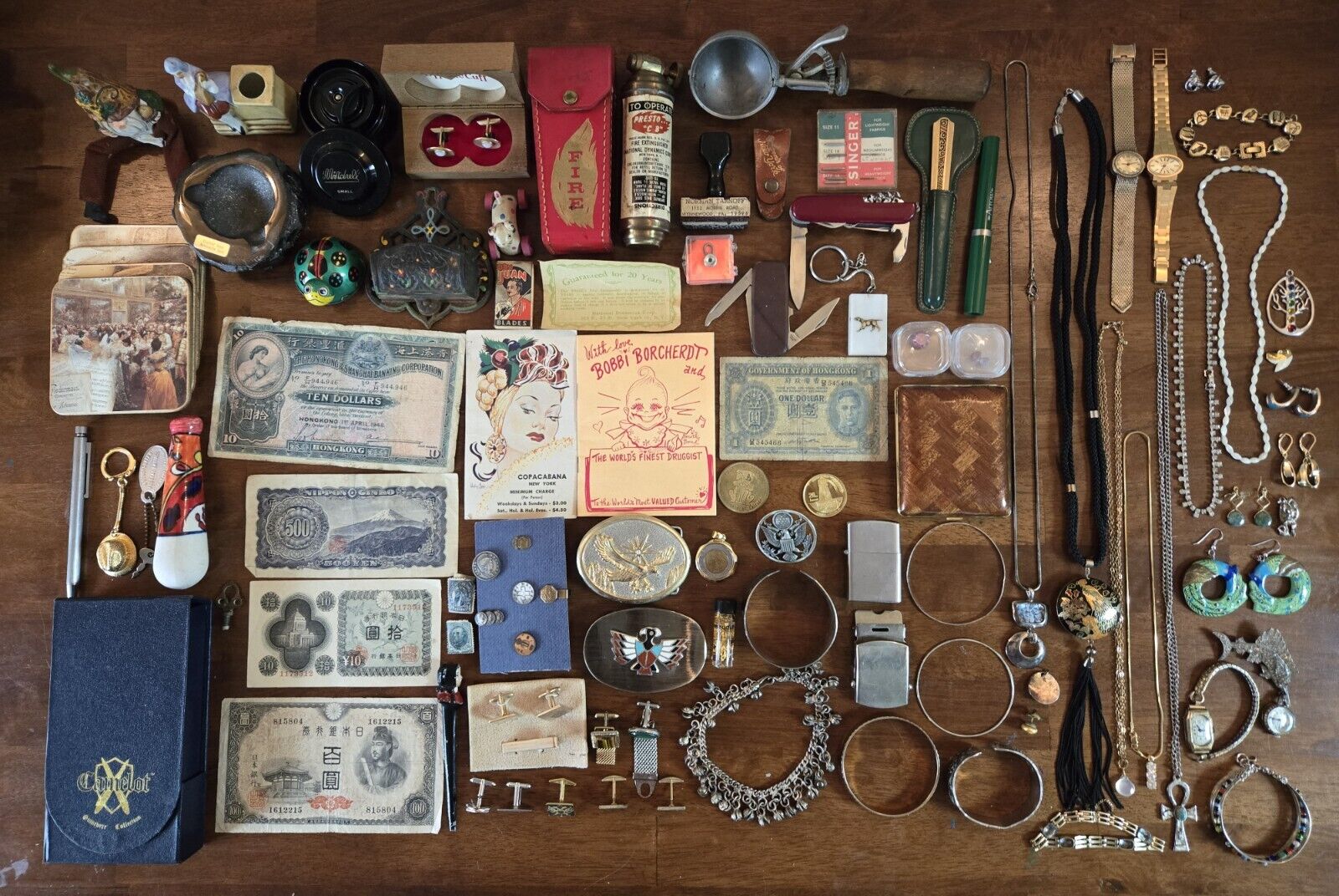  Vintage Junk Drawer Lot Foriegn Currency, Watches, Jewerly, Cuff Links  & More